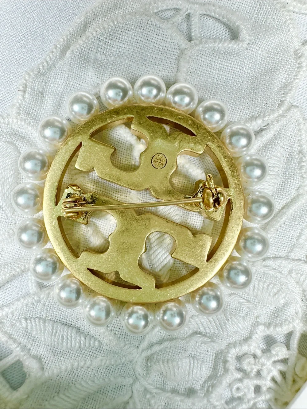 Tory Burch Gold-Tone Logo Brooch with Pearls and Clear Crystals